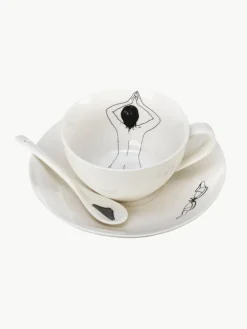 Handbemalte Kaffeetassen Undressed mit Untertassen und Löffeln, 4er-Set