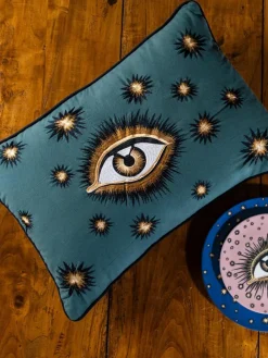 Handbestickte Baumwoll-Kissenhülle Eye