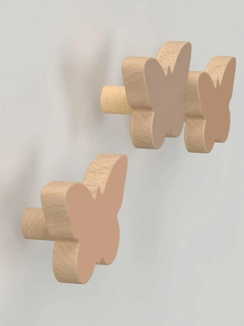 Handgefertigte Wandhaken Butterfly aus Buchenholz, 3er-Set