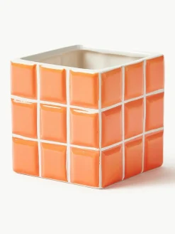 Kleiner Übertopf Tile aus Dolomitstein mit Fliesenoptik