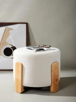 Leinen-Hocker Coffey mit Holz-Füßen